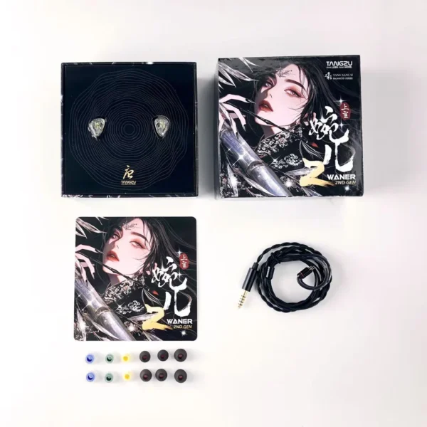 Tangzu Waner SG 2 unboxing contents including dynamic driver IEM earpieces detachable braided cable standard eartips and Tang Sancai premium eartips