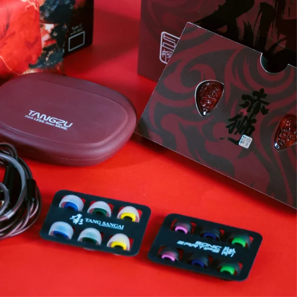 Waner Red Lion packaging unboxed showing premium eartips soft silicone protective storage case and burgundy cable