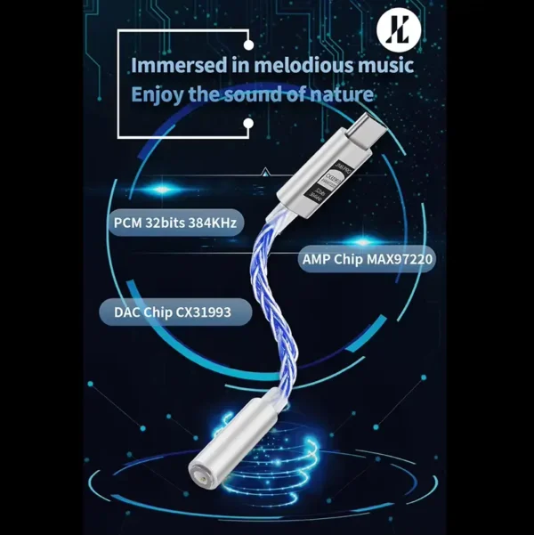 JCALLY JM6 Pro Type-C to 3.5mm blue braided cable adapter showcased on a cybernetic blue background. The promotional graphic features product callouts for DAC Chip CX31993, AMP Chip MAX97220, and PCM 32bits 384KHz audio decoding with marketing text: "Immersed in melodious music, Enjoy the sound of nature."
