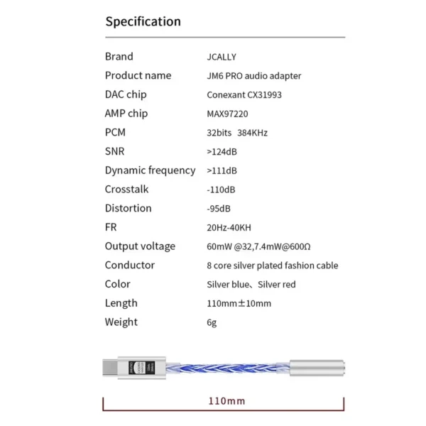 Official technical specification sheet for the JCALLY JM6 PRO audio adapter. The image details exact hardware specs including Conexant CX31993 DAC, MAX97220 AMP, 32bits/384KHz PCM, >124dB SNR, -110dB Crosstalk, 60mW output voltage at 32 ohms, and an 8-core silver-plated fashion cable. A product dimension graphic at the bottom shows a total length of 110mm.