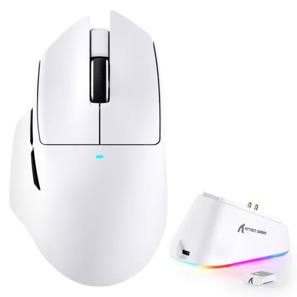 attack-shark-v6-white-wireless-gaming-mouse-hzstec Attack Shark V6 white tri-mode wireless gaming mouse with its RGB magnetic charging dock and USB receiver at HZSTech Pakistan