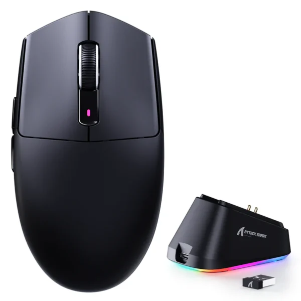 Attack Shark G3 Pro black ultra-lightweight wireless gaming mouse with black magnetic RGB charging dock, find the best price in Pakistan at HZSTECH.