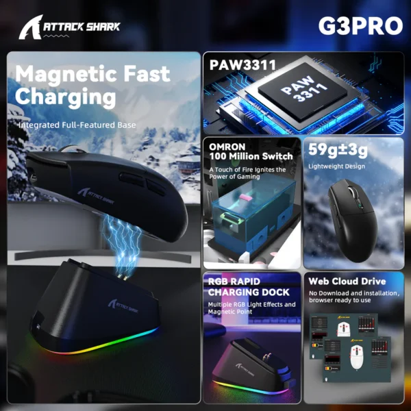 Infographic showing Attack Shark G3 Pro specifications including PAW3311 sensor, 59g lightweight design, Omron switches, and RGB charging dock at HZSTECH.