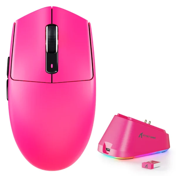 Attack Shark G3 Pro pink wireless gaming mouse with matching pink RGB magnetic charging dock and USB dongle available at HZSTECH.