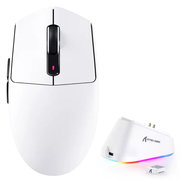 Attack Shark G3 Pro white lightweight wireless gaming mouse next to its white magnetic charging dock at HZSTECH Pakistan.