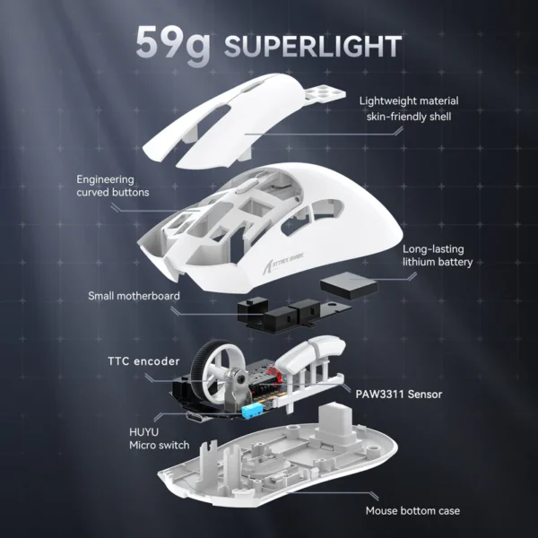 Exploded structural component breakdown diagram of the 59g superlight Attack Shark R1 wireless mouse showing its solid skin-friendly shell and engineering.