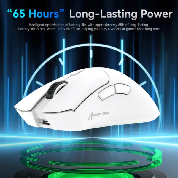 Promotional banner spotlighting the 65 hours of long-lasting rechargeable battery life and intelligent power saving feature of the Attack Shark R1 mouse.