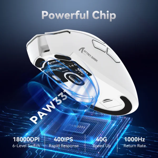 Technical graphic showing the bottom base of the Attack Shark R1 with its high-performance PixArt PAW3311 optical sensor and 18,000 DPI tracking specifications.