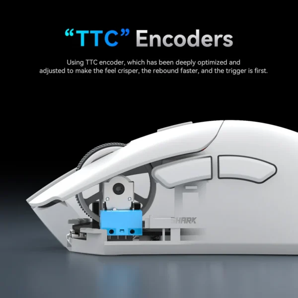 Cutaway schematic view of the Attack Shark R1 wireless gaming mouse highlighting its highly optimized, crispy TTC scroll wheel encoder.