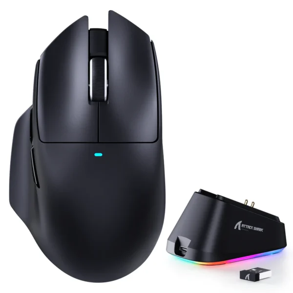 attack-shark-v6-black-gaming-mouse-top-view Attack Shark V6 black lightweight wireless gaming mouse with matching magnetic touch charging base