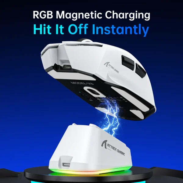 attack-shark-v6-white-mouse-magnetic-charging-dock Infographic showcasing the seamless touch charging connection of the Attack Shark V6 wireless mouse base