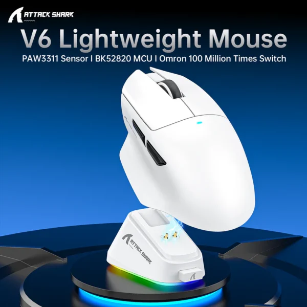 attack-shark-v6-white-wireless-gaming-mouse-hzstech Attack Shark V6 white esports mouse resting on its smart RGB magnetic charging dock