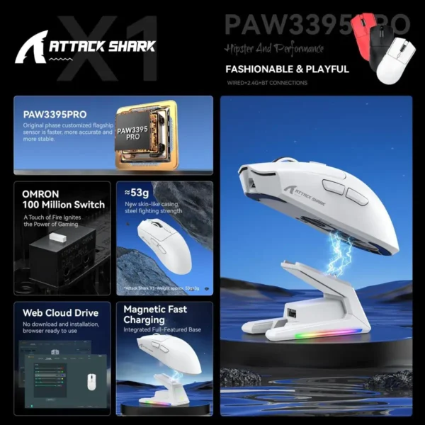attack-shark-x1-mouse-features-specs-paw3395pro-hzstech Feature overview of the Attack Shark X1 gaming mouse showcasing its 53g ultra-light design, OMRON switches, web-based driver, and magnetic fast charging base.
