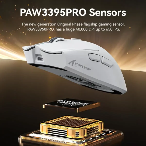 attack-shark-x1-paw3395pro-sensor-40000-dpi-mouse Exploded hardware view of the Attack Shark X1 gaming mouse showcasing the flagship PixArt PAW3395PRO optical sensor capable of 40,000 DPI and up to 650 IPS.