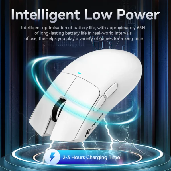 Graphic showcasing the Attack Shark X11 intelligent low power technology, offering up to 65 hours of battery life and a 2-3 hour charging time.