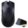 Black Attack Shark X11 wireless gaming mouse displayed next to its black magnetic charging dock.