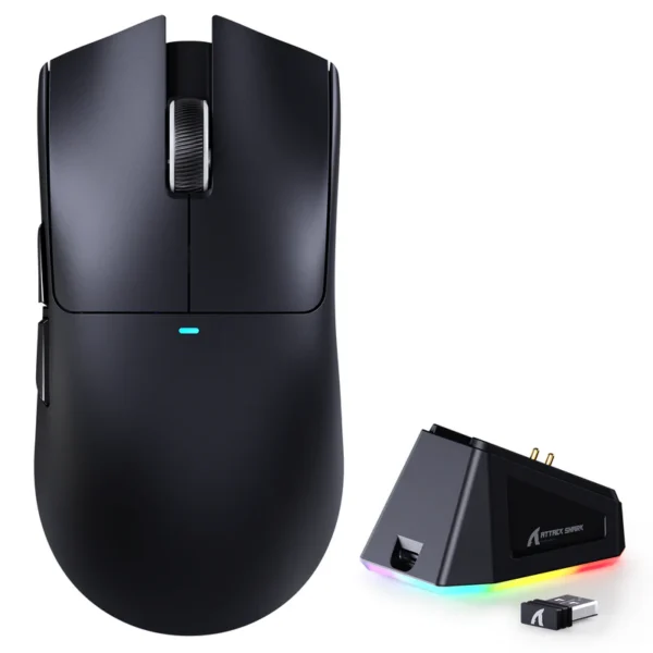 Black Attack Shark X11 wireless gaming mouse displayed next to its black magnetic charging dock.