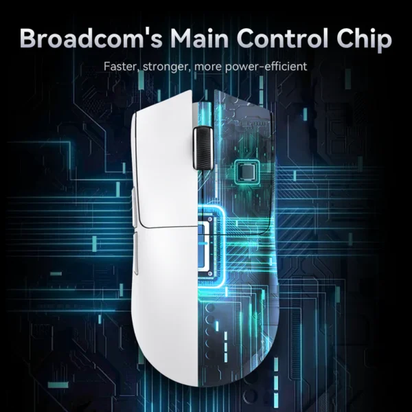 Top view graphic of the Attack Shark X11 highlighting the internal Broadcom main control chip for high performance and low latency.