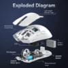 Exploded diagram of the Attack Shark X11 wireless gaming mouse revealing internal components like the lithium battery, Huano switches, and TTC encoder.