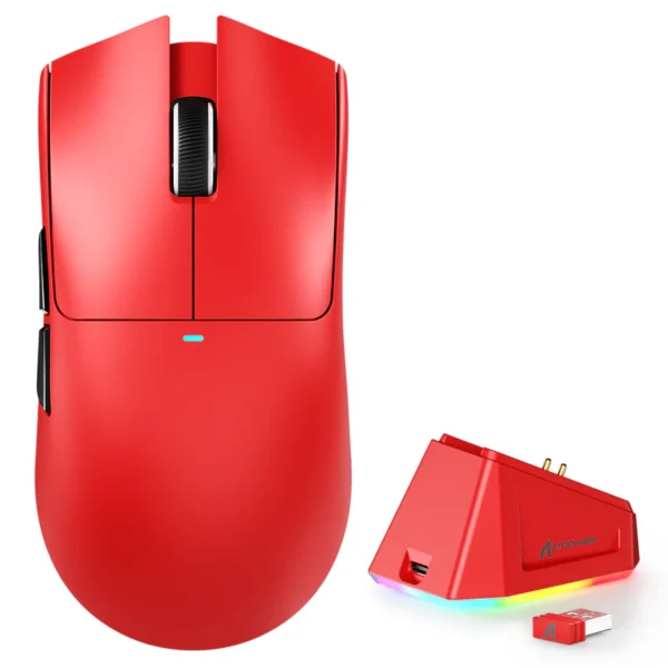 Red Attack Shark X11 wireless gaming mouse positioned next to its matching red magnetic charging dock.