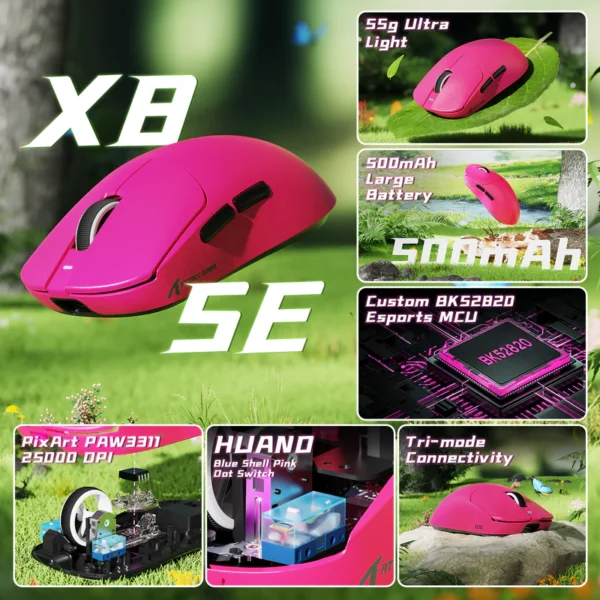 Full specifications and features overview of the pink Attack Shark X8SE gaming mouse from hzstech Pakistan.