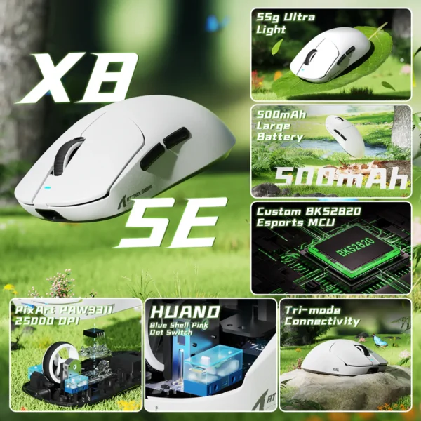 Full specifications and features overview of the white Attack Shark X8SE gaming mouse from hzstech Pakistan.