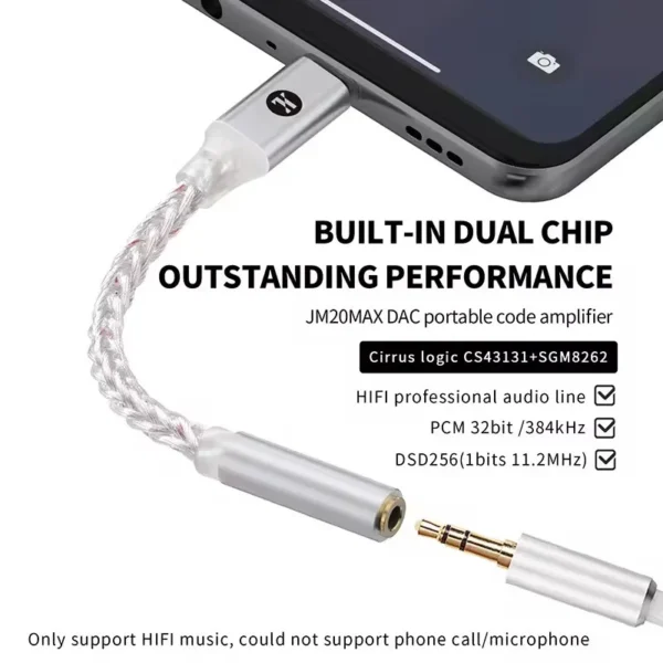 JCALLY JM20 Max DAC amplifier connected to a smartphone, highlighting its dual-chip CS43131 and SGM8262 design for Hi-Fi music playback.
