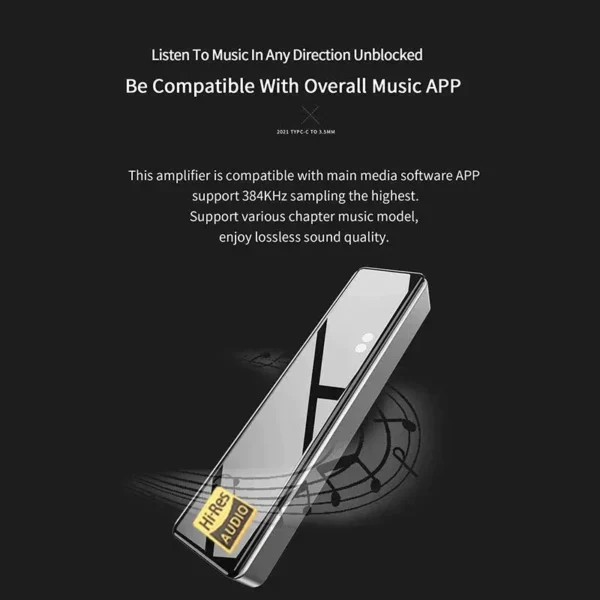 JCALLY JM10 DAC amplifier highlighting compatibility with lossless music apps and 384KHz sampling support.