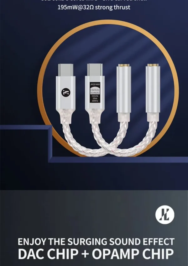 The JCALLY JM20 Max Type-C to 3.5mm audio dongle showcasing its dual-chip DAC and OPAMP architecture.