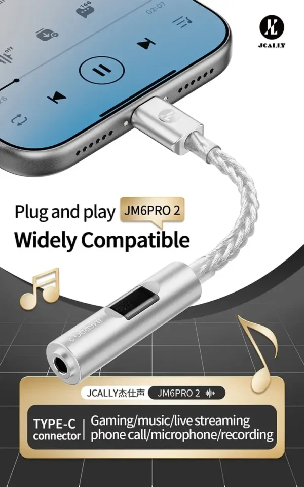 jcally-jm6-pro-2-phone-compatibility-pakistan Demonstrating the JCALLY JM6 Pro 2 Type-C DAC dongle plugging into a smartphone, illustrating plug-and-play compatibility for music and gaming anywhere in Pakistan