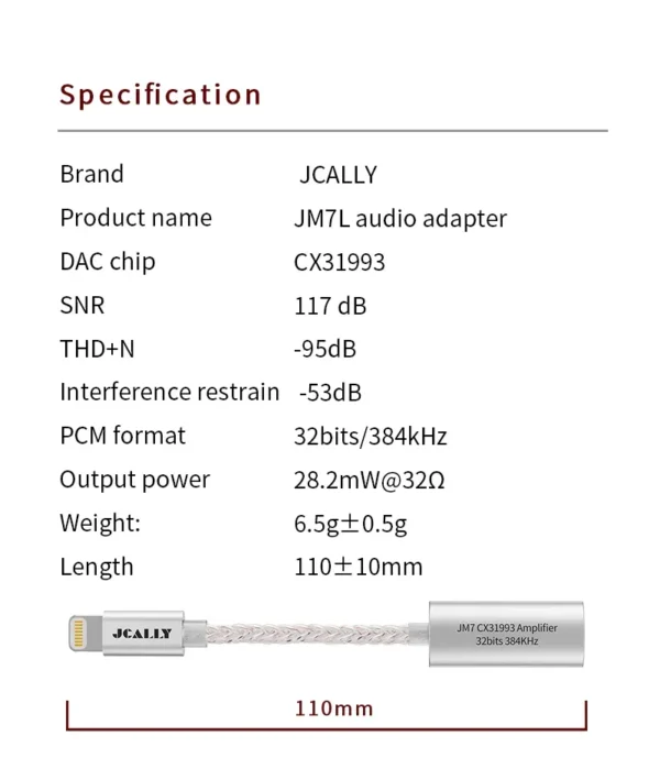 Complete technical specifications for the JCALLY JM7L audio adapter, offering the best price in Pakistan at hzstech.pk