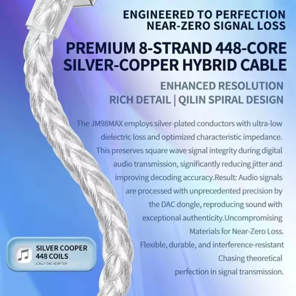 jcally-jm98-max-silver-copper-hybrid-cabl 8-strand 448-core silver-copper hybrid cable on the JCALLY JM98 MAX audio dongle