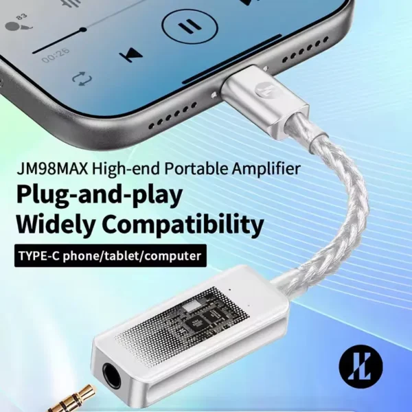 jcally-jm98-max-type-c-phone-compatibility JCALLY JM98 MAX connected to a smartphone demonstrating Type-C plug and play compatibility